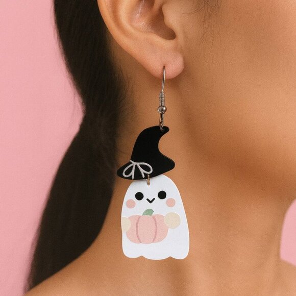 Cute Ghost Witch Earrings | Pastel Halloween Pumpkin Jewelry - Picture 2 of 4